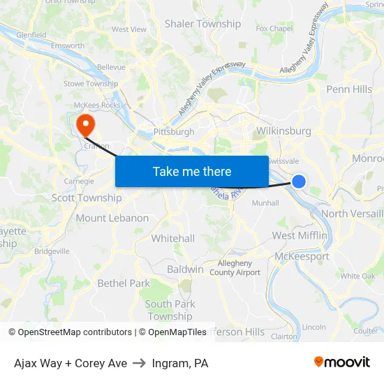 Ajax Way + Corey Ave to Ingram, PA map