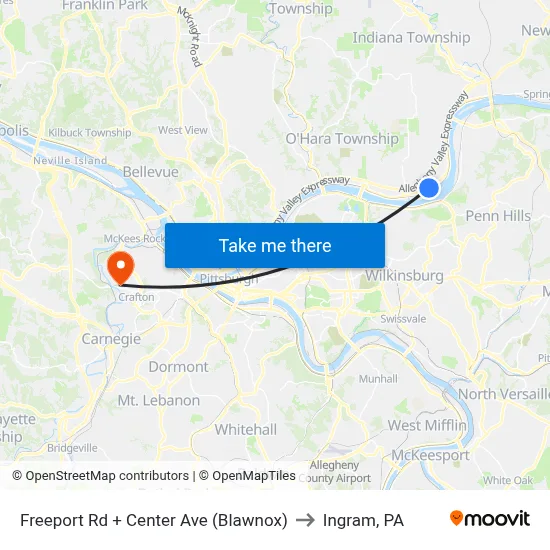 Freeport Rd + Center Ave (Blawnox) to Ingram, PA map