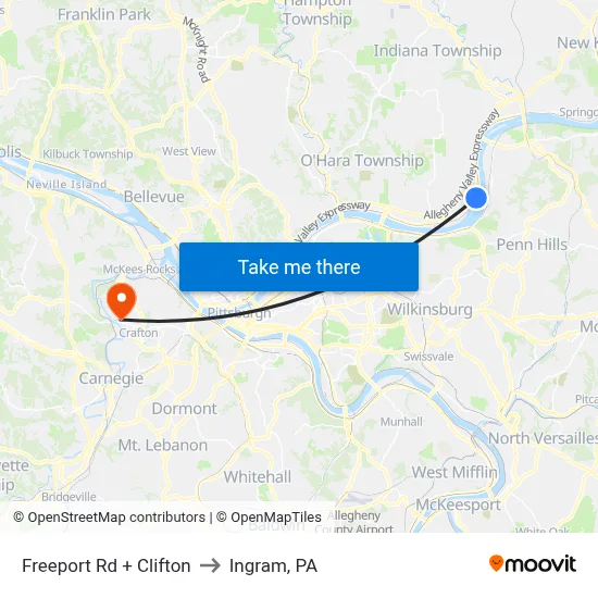 Freeport Rd + Clifton to Ingram, PA map