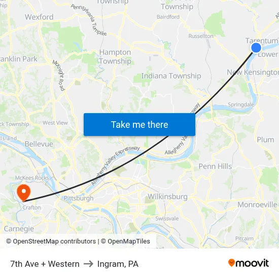 7th Ave + Western to Ingram, PA map