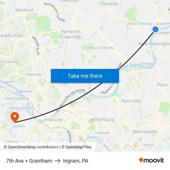 7th Ave + Grantham to Ingram, PA map