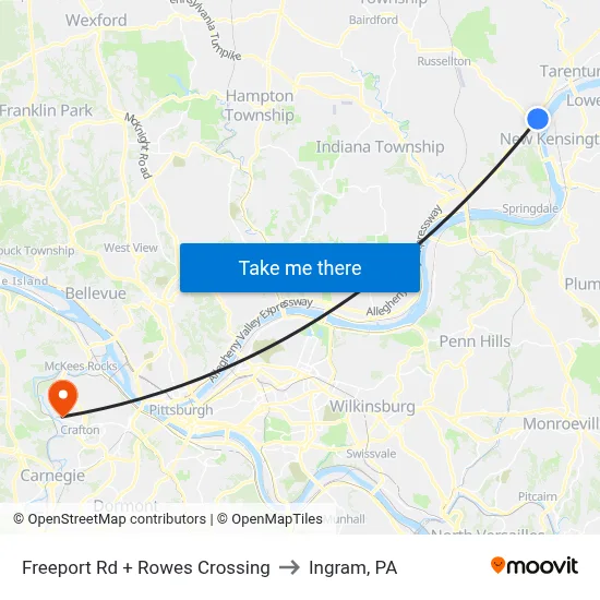 Freeport Rd + Rowes Crossing to Ingram, PA map