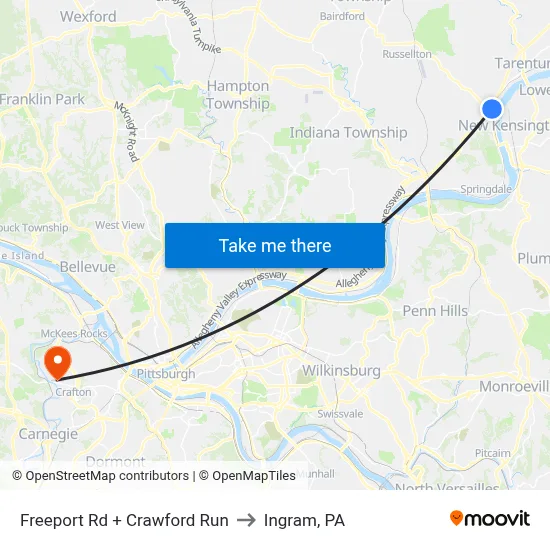 Freeport Rd + Crawford Run to Ingram, PA map