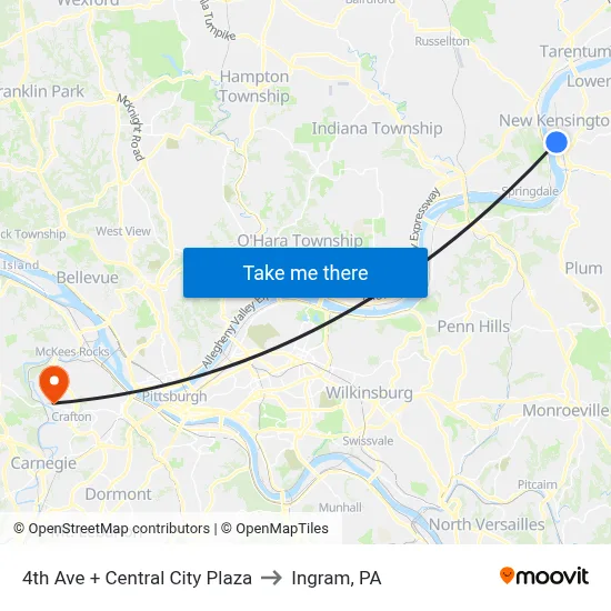 4th Ave + Central City Plaza to Ingram, PA map