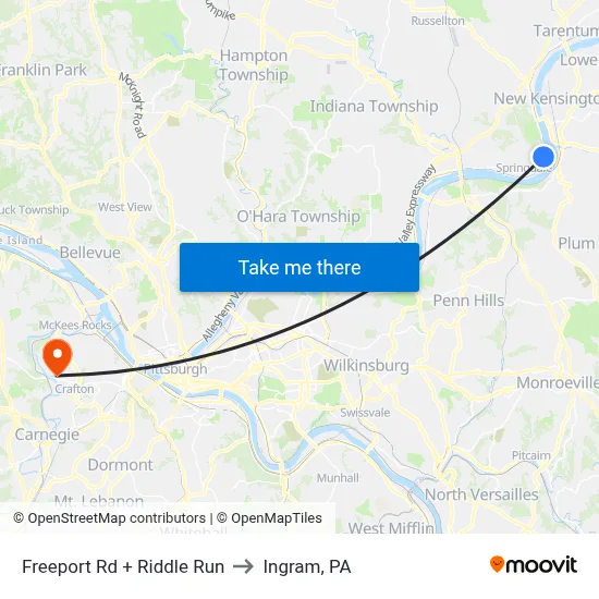 Freeport Rd + Riddle Run to Ingram, PA map