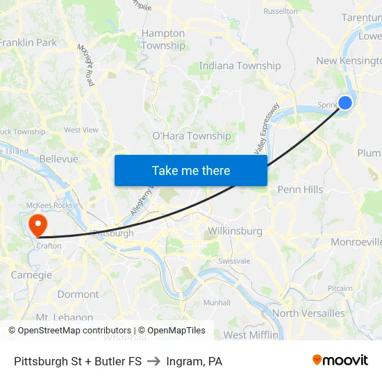 Pittsburgh St + Butler FS to Ingram, PA map
