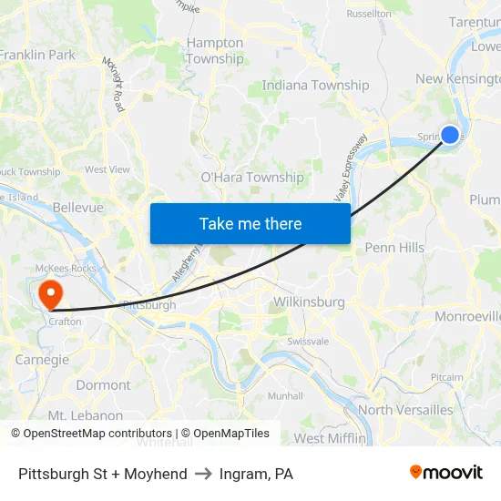 Pittsburgh St + Moyhend to Ingram, PA map