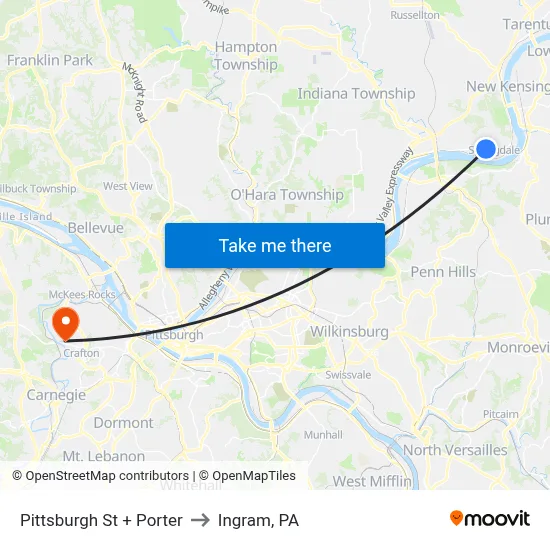 Pittsburgh St + Porter to Ingram, PA map