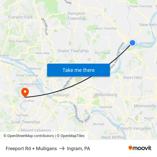 Freeport Rd + Mulligans to Ingram, PA map