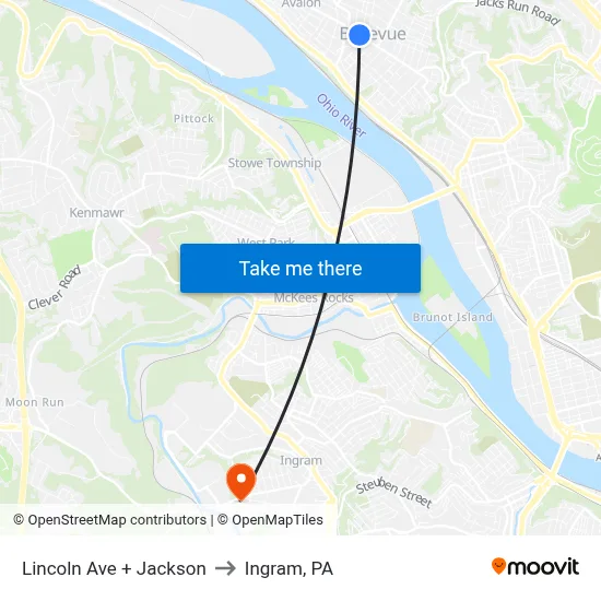 Lincoln Ave + Jackson to Ingram, PA map
