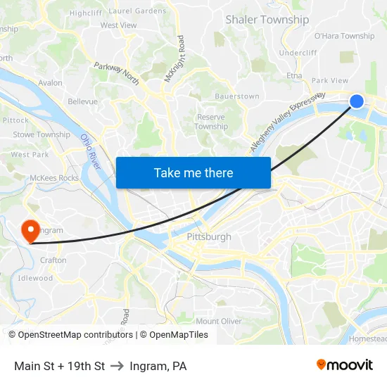Main St + 19th St to Ingram, PA map