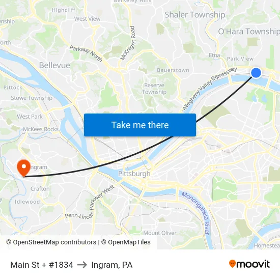 Main St + #1834 to Ingram, PA map