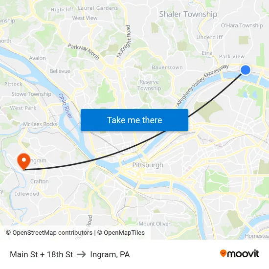 Main St + 18th St to Ingram, PA map