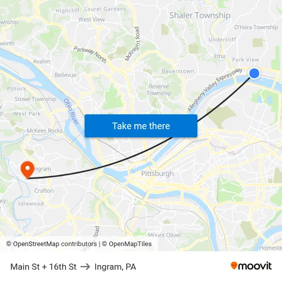 Main St + 16th St to Ingram, PA map