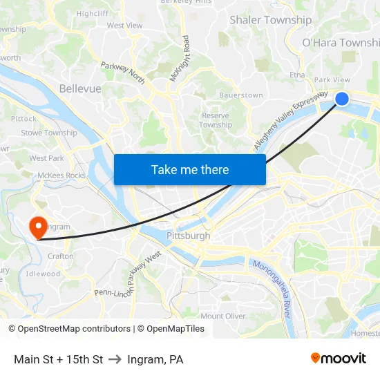 Main St + 15th St to Ingram, PA map