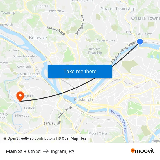 Main St + 6th St to Ingram, PA map
