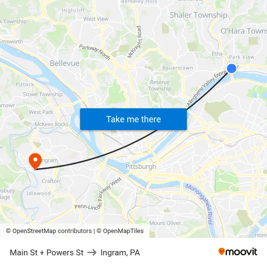 Main St + Powers St to Ingram, PA map