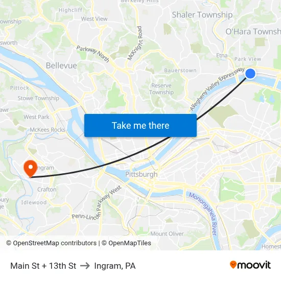 Main St + 13th St to Ingram, PA map