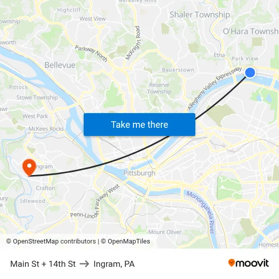 Main St + 14th St to Ingram, PA map