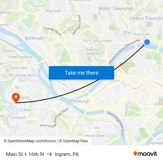Main St + 16th St to Ingram, PA map