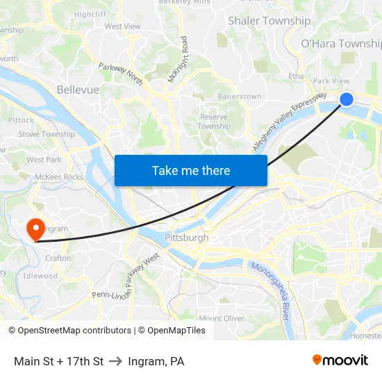 Main St + 17th St to Ingram, PA map