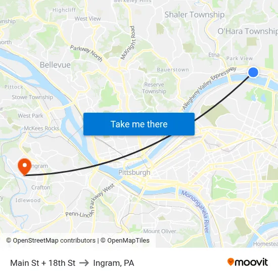 Main St + 18th St to Ingram, PA map