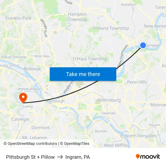Pittsburgh St + Pillow to Ingram, PA map