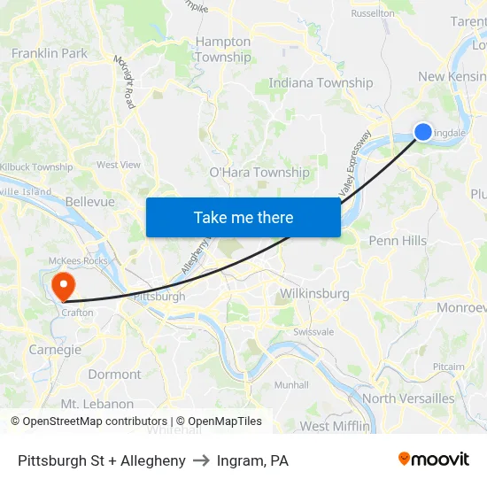 Pittsburgh St + Allegheny to Ingram, PA map