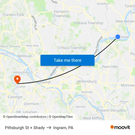 Pittsburgh St + Shady to Ingram, PA map