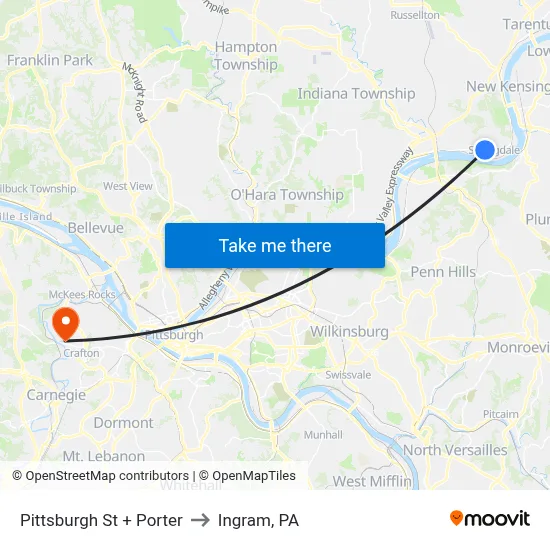 Pittsburgh St + Porter to Ingram, PA map