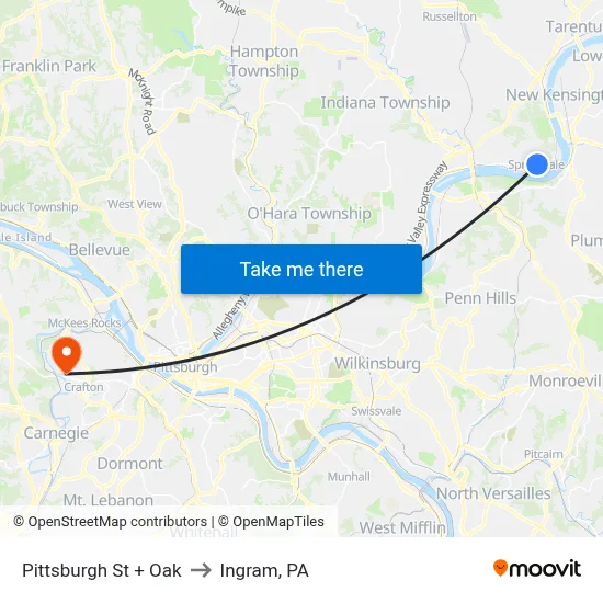 Pittsburgh St + Oak to Ingram, PA map