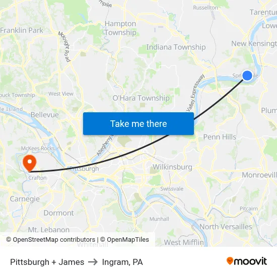 Pittsburgh + James to Ingram, PA map