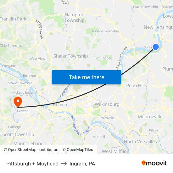 Pittsburgh + Moyhend to Ingram, PA map