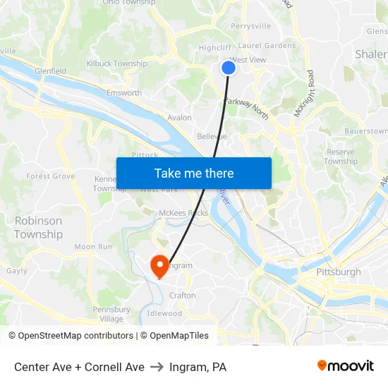 Center Ave + Cornell Ave to Ingram, PA map
