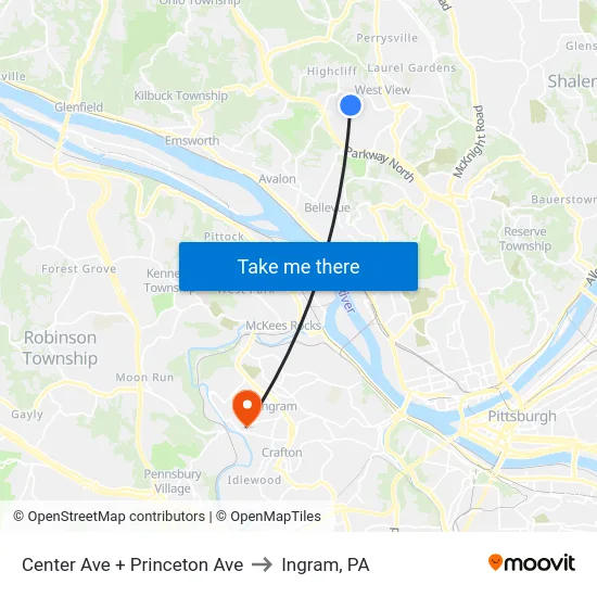 Center Ave + Princeton Ave to Ingram, PA map