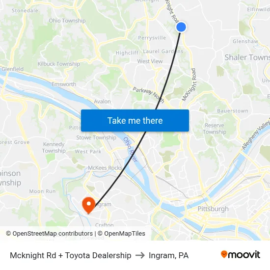 Mcknight Rd + Toyota Dealership to Ingram, PA map
