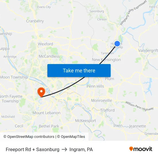 Freeport Rd + Saxonburg to Ingram, PA map