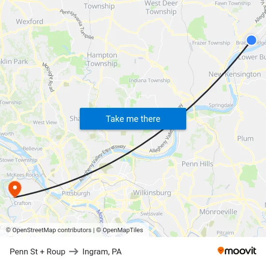 Penn St + Roup to Ingram, PA map