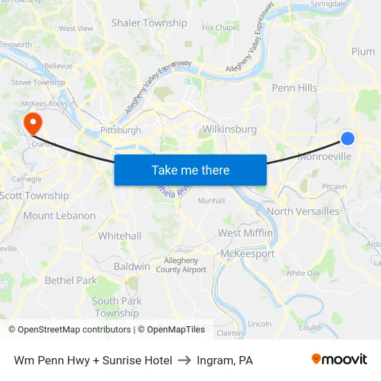 Wm Penn Hwy + Sunrise Hotel to Ingram, PA map