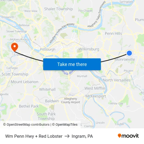 Wm Penn Hwy + Red Lobster to Ingram, PA map