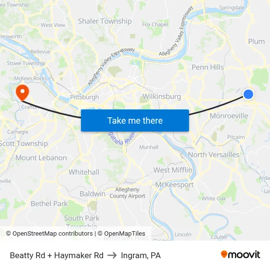 Beatty Rd + Haymaker Rd to Ingram, PA map