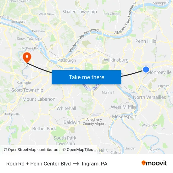 Rodi Rd + Penn Center Blvd to Ingram, PA map