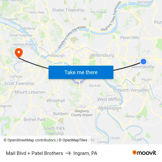 Mall Blvd + Patel Brothers to Ingram, PA map