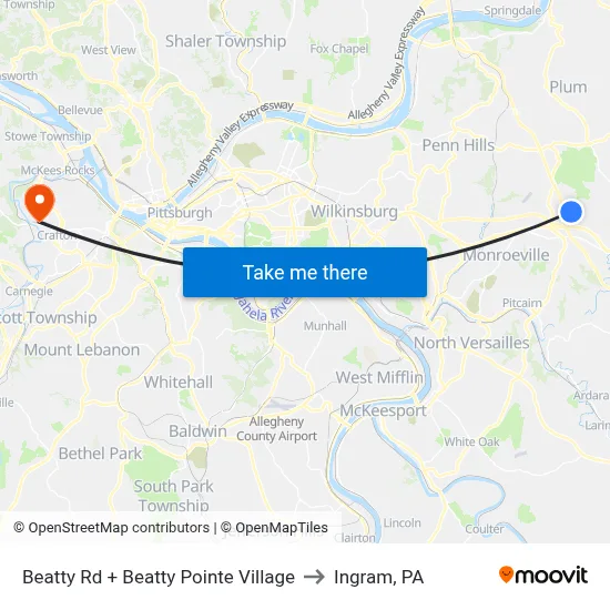 Beatty Rd + Beatty Pointe Village to Ingram, PA map