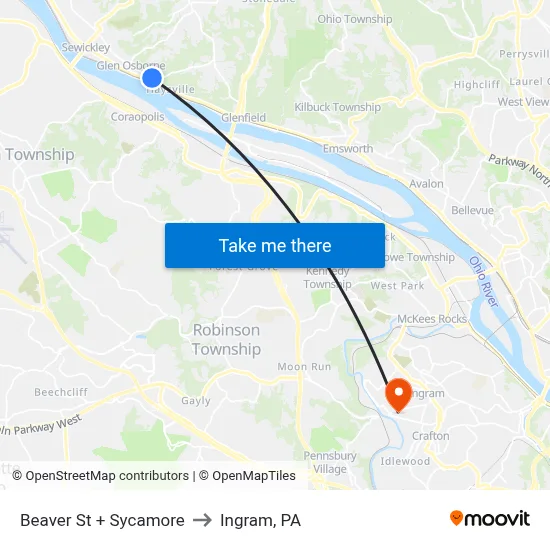 Beaver St + Sycamore to Ingram, PA map