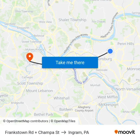 Frankstown Rd + Champa St to Ingram, PA map