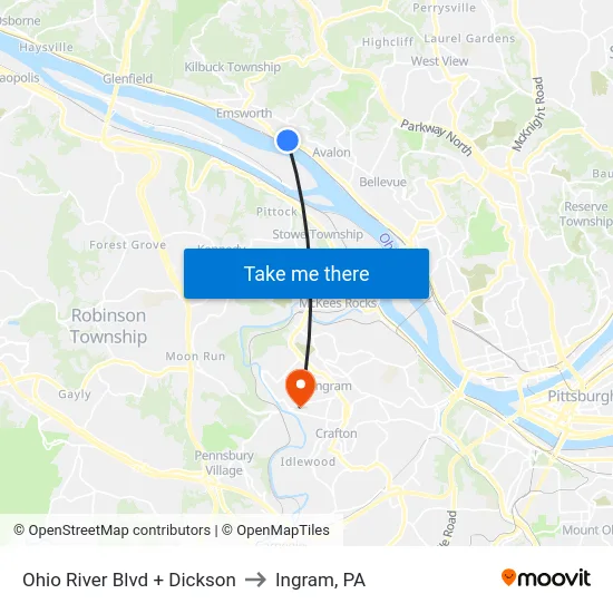 Ohio River Blvd + Dickson to Ingram, PA map