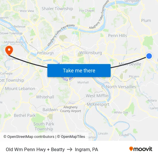 Old Wm Penn Hwy + Beatty to Ingram, PA map
