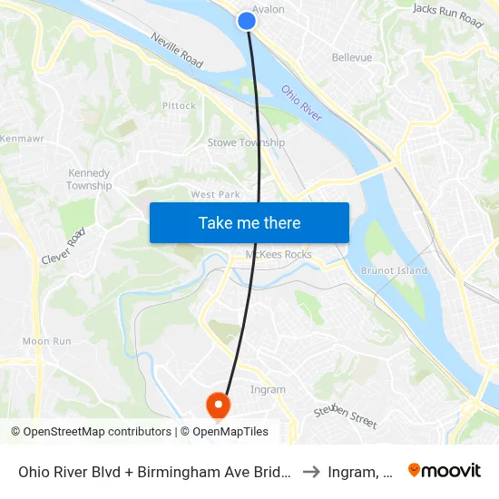 Ohio River Blvd + Birmingham Ave Bridge to Ingram, PA map