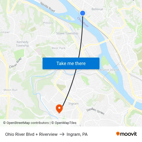 Ohio River Blvd + Riverview to Ingram, PA map